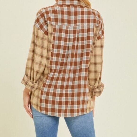Heyson Size Small Patchwork Mixed Plaid Upper Button Front Top Brown NWT - Picture 2 of 11